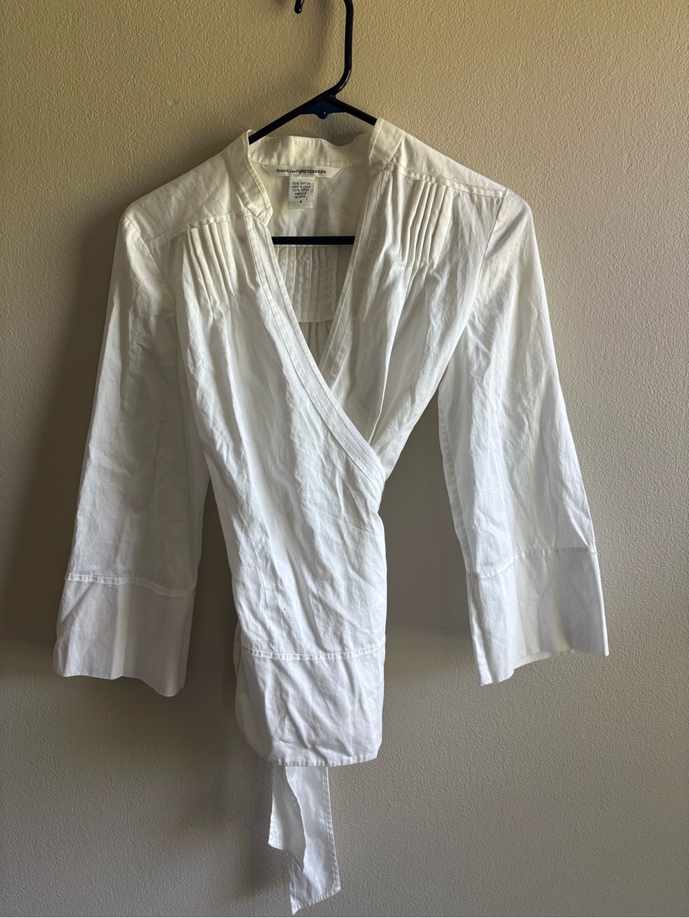 Diane von Furstenberg White Cotton Pintuck Wrap Blouse